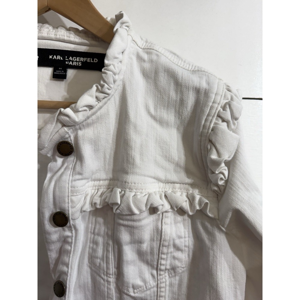 KARL LAGERFELD PARIS Ruffled Denim Jacket White Women's Medium Stretch - Picture 2 of 15